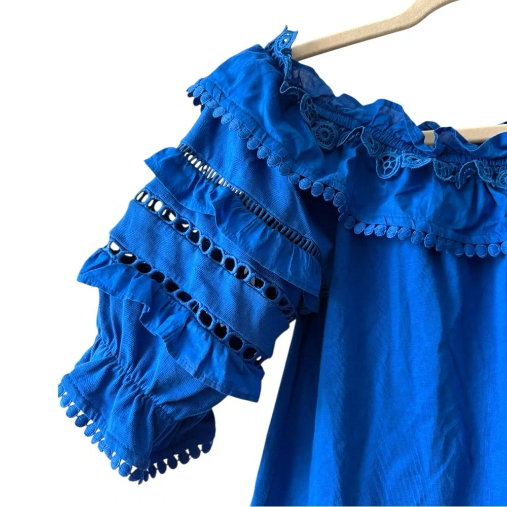 Lilly Pulitzer Brentwood Top in Blue Grotto $108 Puff‎ Sleeve Eyelet Size XS